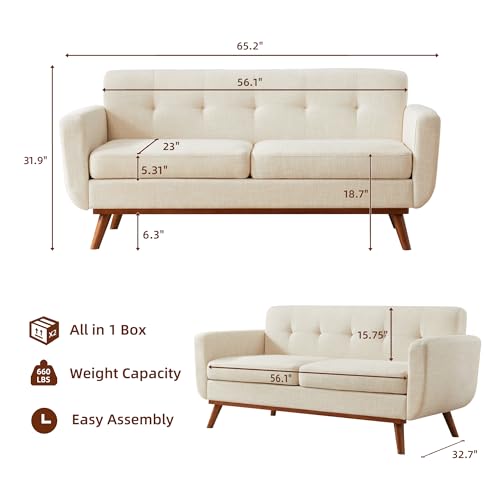 Mid-Century Modern Loveseat Sofa, 65-Inch Upholstered Small Couch, Beige