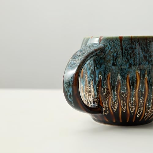 20oz Blue Ceramic Coffee Mug - Raku-Style Large Tea Cup, Unique Design, Microwave & Dishwasher Safe