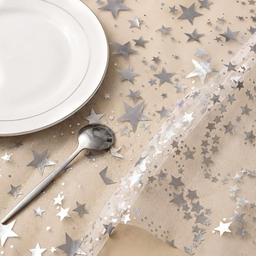 6 Pcs Silver Star Table Runner Set - 11x118in Organza Glitter Chiffon, Shihanee Classic