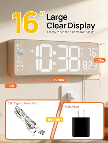 16-Inch Large Digital Wall Clock with Remote, Fabric Texture & Night Light