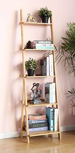 5-Tier Corner Ladder Shelf, Industrial Bamboo Storage Bookcase