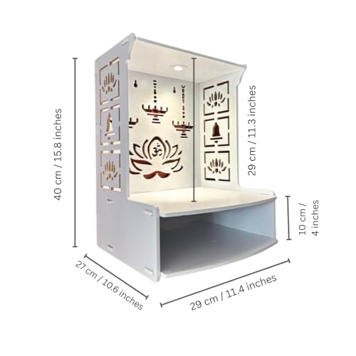 Small White Wooden Wall Mounted Pooja Mandir with LED Light & Storage Shelf - DIY Home Temple