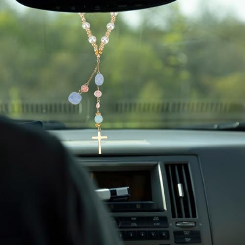 Natural Jade Cross Car Hanging Ornament with Pearl and Glass Beads