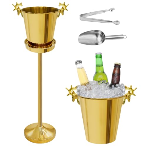 Gold 5L Ice Bucket with Stand and Deer Head Handles for Champagne & Wine