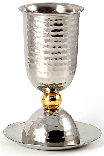 Hammered Stainless Steel Kiddush Cup and Coaster Set - 10 oz