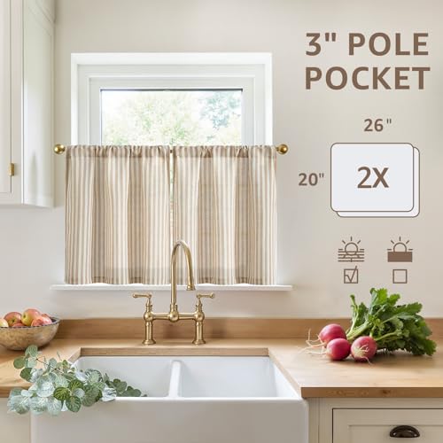 Striped Linen Kitchen Tier Curtains - 20 Inch Light Filtering Panels