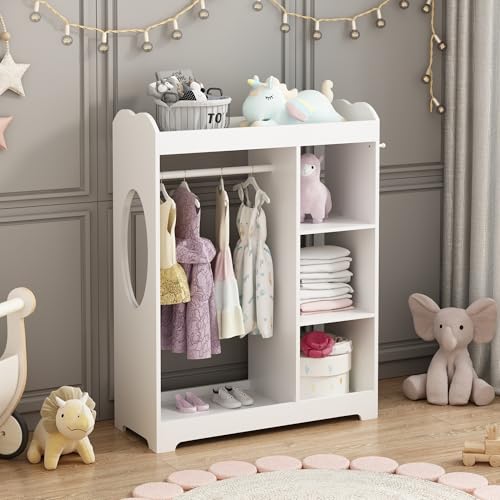 Kids Dress Up Storage Rack with Mirror, Hanging Rod, and Shelves - White