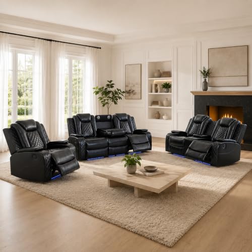 3-Piece Power Reclining Leather Sofa Set with LED Lighting and USB Ports
