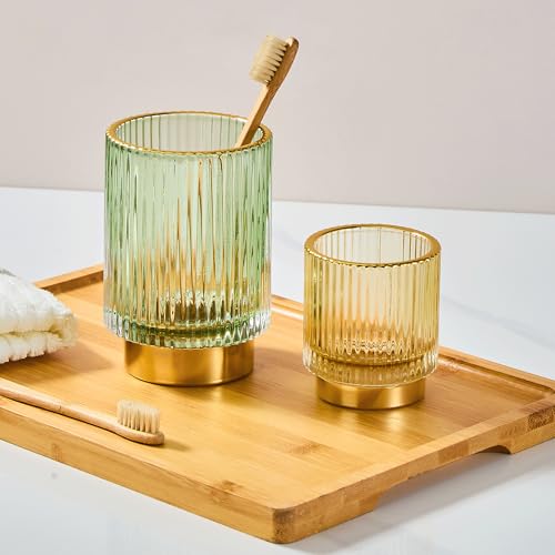 Large Green Glass Makeup Brush & Toothbrush Holder Organizer with Gold Base