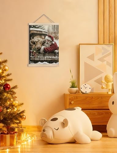 Rustic Highland Cow Santa Wall Art - 12x16 Inches, Farmhouse Christmas Canvas Print (Color 02)