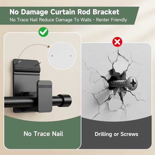 No Drill Curtain Rod Brackets for 5/8" Rods, Heavy Duty Holders (4 Pack, Black)