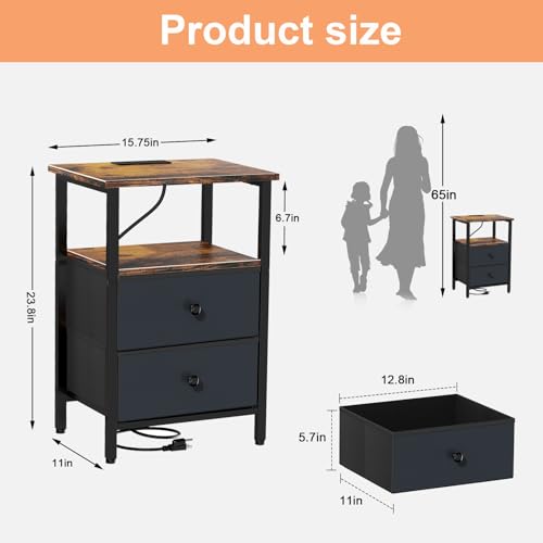 Nightstand with Charging Station, 2 Fabric Drawers & USB Ports