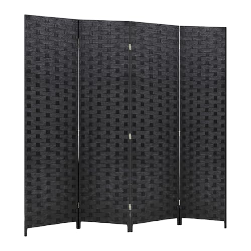4-Panel Wooden Folding Room Divider Screen with Woven Mesh (Coal Black)