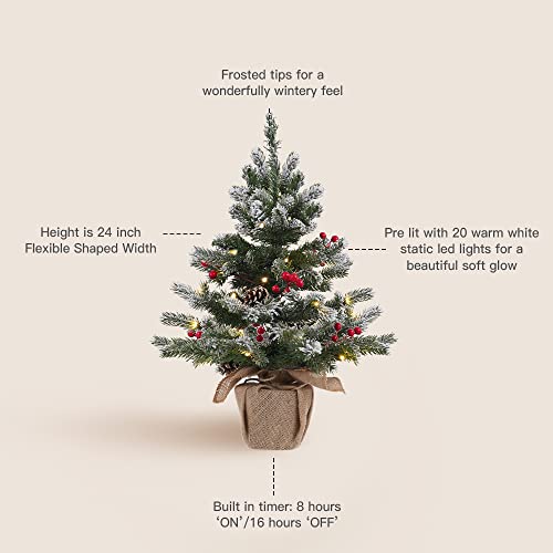 DECSPAS 2FT Pre-lit Snowy Mini Christmas Tree with 20 LED Lights, Red Berries & Pine Cones - Tabletop Holiday Decor