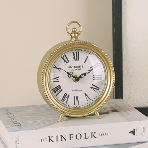 Gold Round Table Clock, Silent Non-Ticking Decorative Desk Shelf Clock