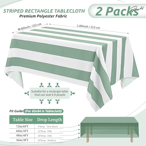 2 Pack Green and White Striped Tablecloths 60x84 Inches for Dining & Events