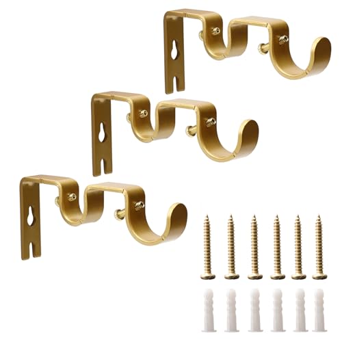 Double Curtain Rod Brackets, 3 Pack Heavy Duty Metal Holders for 1" & 5/8" Rods