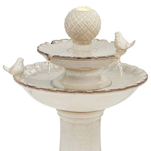 2-Tier Ceramic Outdoor Water Fountain with LED Light, 27-Inch Floor Basin