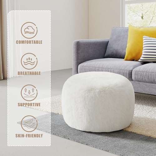 Round Faux Fur Pouf Ottoman, 20-Inch Foam Filled Foot Stool for Living Room