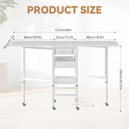 Height Adjustable Folding Sewing & Craft Table with Charging Station, Storage