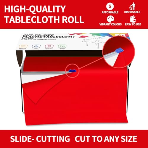 CXPSINC 54in x 300ft Red Plastic Table Cover Roll with Slide Cutter for All Table Shapes