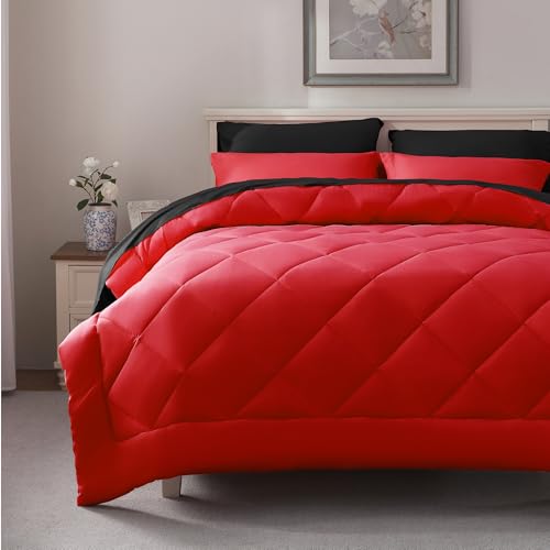 ELNIDO QUEEN Red & Black King Size Bed in a Bag 7-Piece Bedding Set All Season