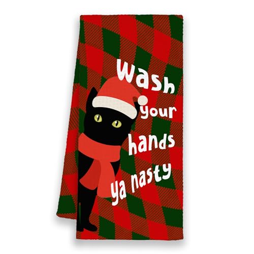 Christmas Black Cat Santa Hat Kitchen Towels - Red & Green Checkered Hand Towels, 16x24in, Gift for Cat Lovers