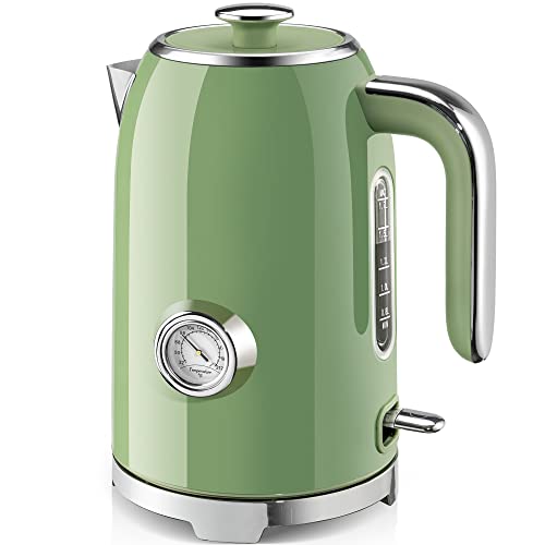 1.7L Retro Electric Kettle with Thermometer - Stainless Steel Water Boiler