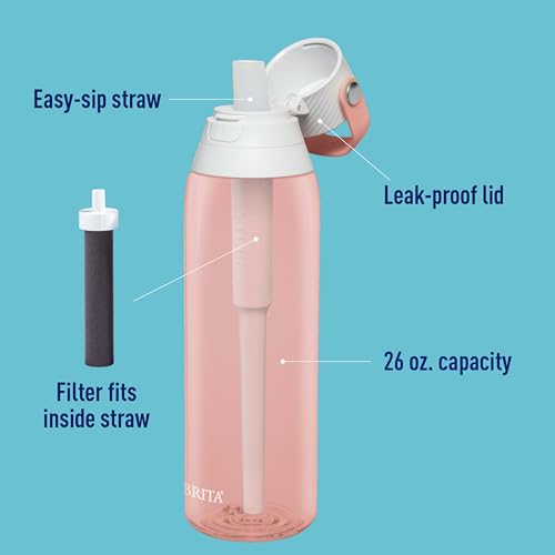 Brita Hard-Sided Plastic Premium Filtering Water Bottle, BPA-Free, Reusable, Replaces 300 Plastic Water Bottles, Filter Lasts 2 Months or 40 Gallons, Includes 1 Filter, Blush - 26 oz