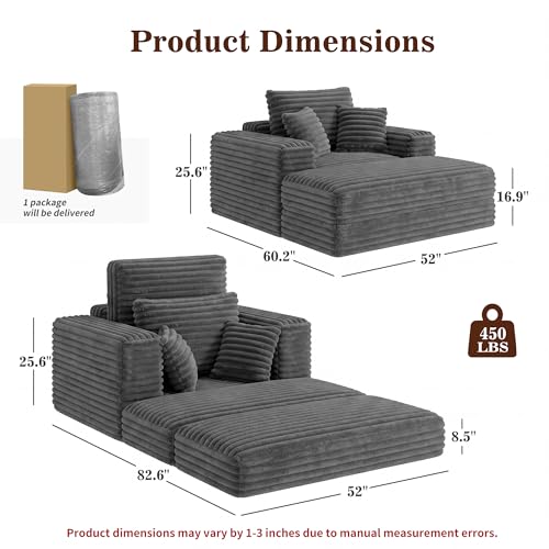 Oversized 60-inch Corduroy Chaise Lounge Chair with Ottoman and Sofa Bed