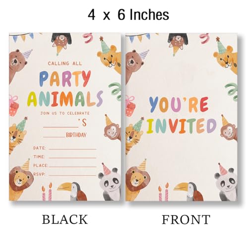 Cute Animal Birthday Invitations with Envelopes, 20-Pack Fill-In Cards
