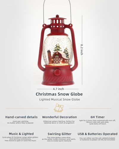 Musical Christmas Snow Globe Lantern with Swirling Glitter and 6H Timer