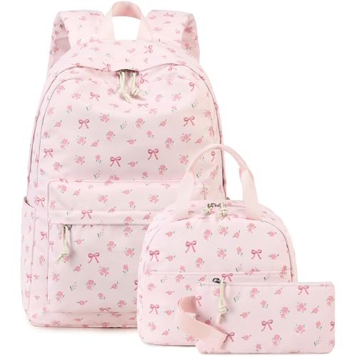 Girls School Backpack Set with Insulated Lunch Box & Pencil Bag - Pink Bow