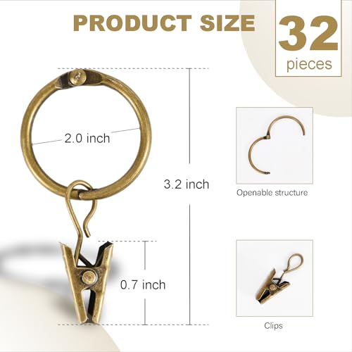 32 PCS Antique Brass Curtain Rings with Clips - 2-Inch Openable Rings