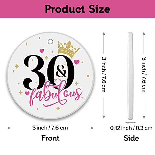 REWIDPARTY 3-Inch Round Ceramic Ornament - Fabulous 30th Birthday Gold Ribbon Gift Box (Gold & White)