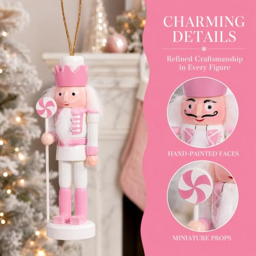 Pink Wooden Nutcracker Christmas Ornaments - 5 Pack Hanging Soldier Decor