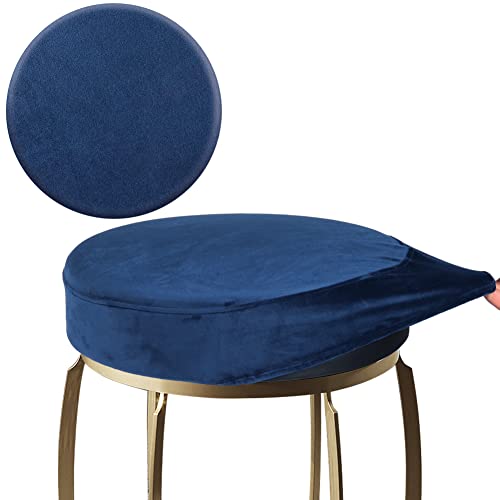 Stretchy Velvet Bar Stool Cover - Washable Round Slipcover (L, Navy)
