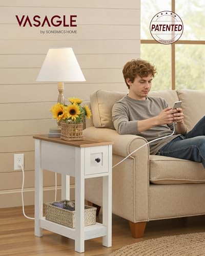 Farmhouse Narrow End Table with Charging Station and Storage Drawer