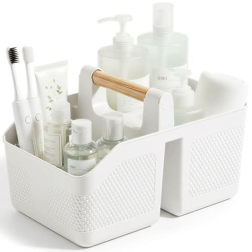Portable Shower Caddy with Bamboo Handle - Large Plastic Bathroom Organizer