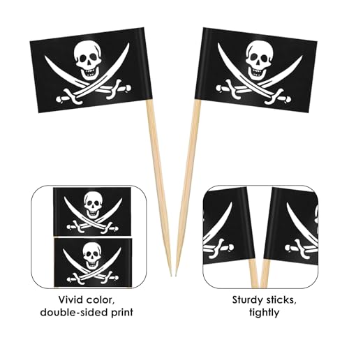 AhfuLife Pirate Flag Toothpicks 100 Pcs - Mini Pirate Cupcake & Food Decorations - Halloween Party Supplies (Variation: 100 / Pirate)