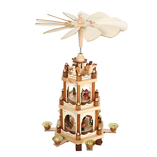 17-Inch Wooden Christmas Nativity Pyramid Carousel - 3-Tier Windmill Candle Holder