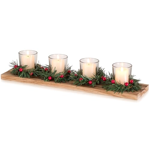 Rustic Christmas Candle Holder Centerpiece - 4 Tealight Holders on Wooden Tray