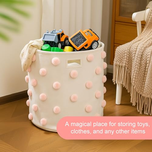 Large Pink Cotton Pom Pom Laundry Basket - 17.5" x 20.8" Nursery Storage