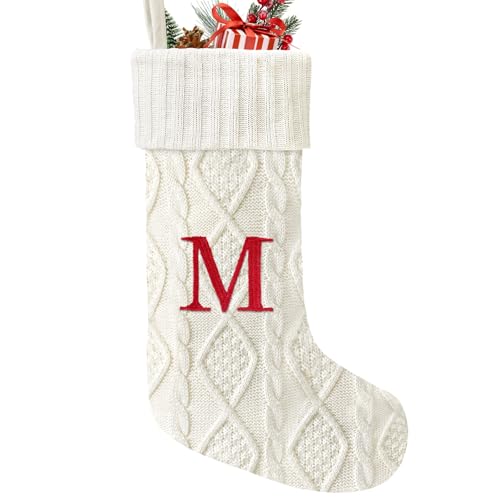 Yoochee 21 Inch White Knitted Christmas Stocking with Initials - Monogram Letter-M, Large Personalised Xmas Decoration