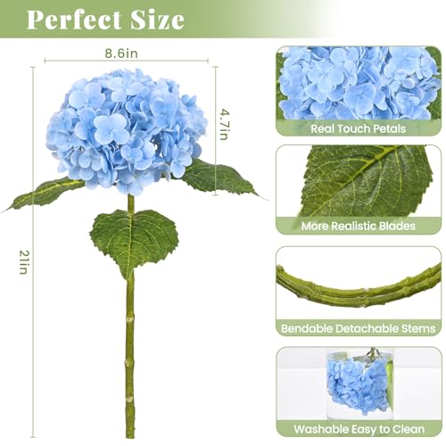 Real Touch Artificial Hydrangea Flowers 21" Large Stems, 3-Pack (Blue)