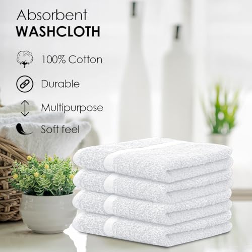 Avalon Towels White Pack of 60 12x12 Inch Cotton Washcloths - Soft & Absorbent