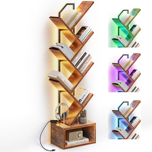 6-Tier Narrow Bookshelf with RGB LED Lights, Vintage Wood & Metal Bookcase