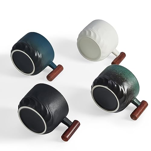 6oz Ceramic Espresso Cups with Wooden Handles - Set of 4 Coffee & Tea Mugs