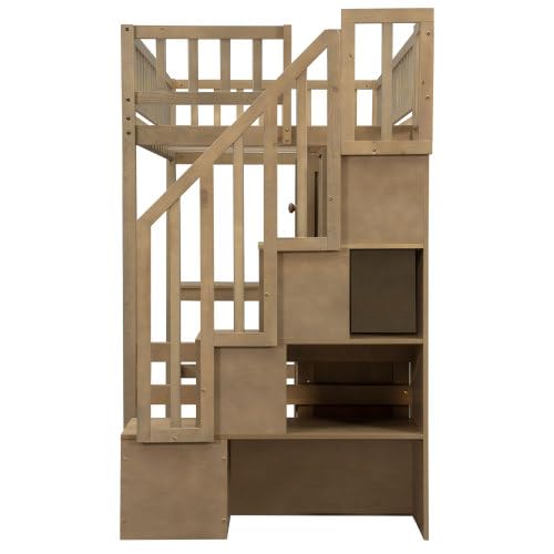 Twin Size Wooden Loft Bed with Desk, LED Lights, Staircase and Storage