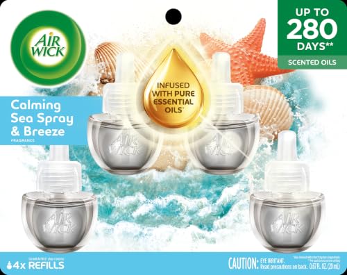 Plug-In Scented Oil Air Freshener Refills, Calming Sea Spray & Breeze (4 Pack)